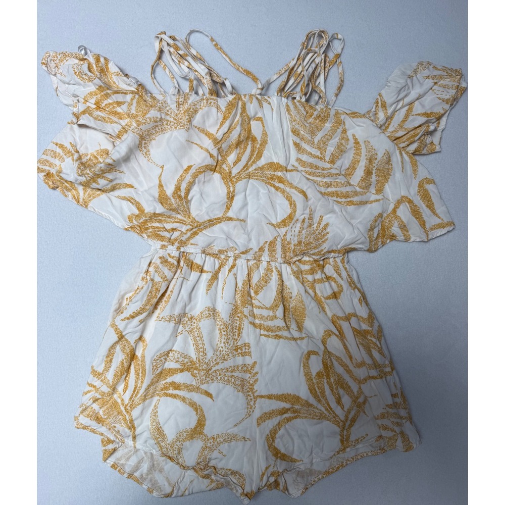 Minkpink Yellow Palm Print Off Shoulder Strappy Romper XS White Tropical Viscose